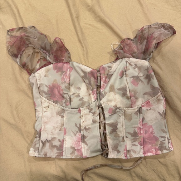 Windsor Floral Crop Top - Pink and Cream - Picture 1 of 3